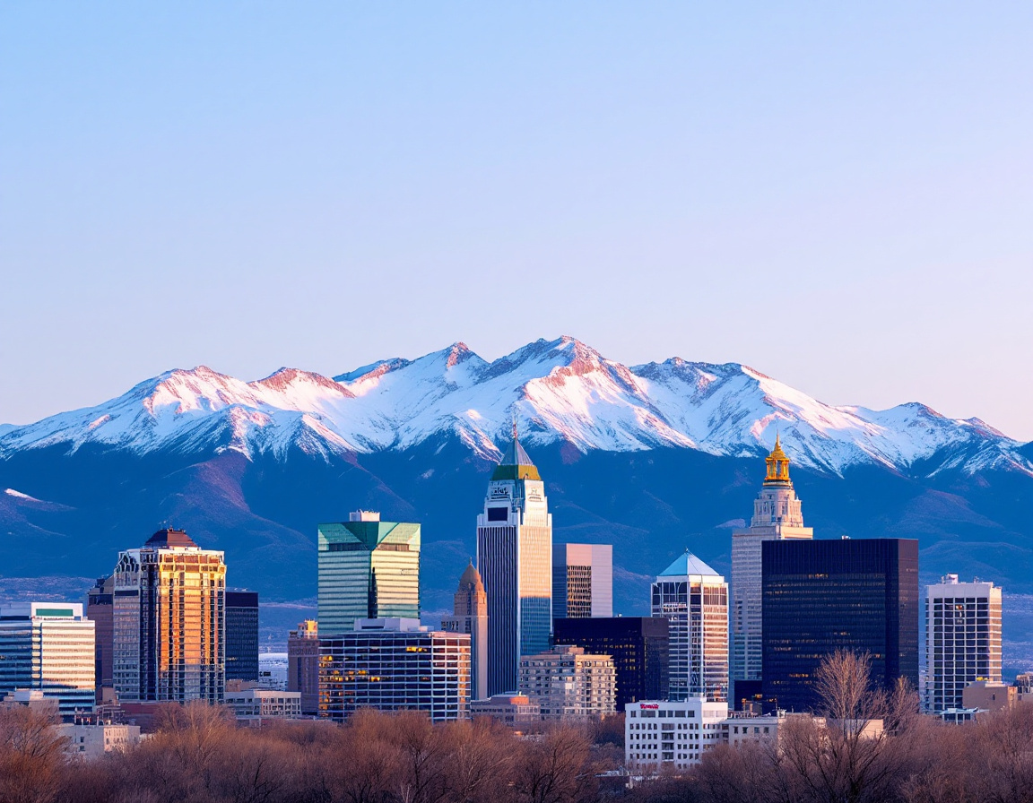 Downtown Denver skyline at golden hour with the snow capped Rocky Mountains rising behind the towers
