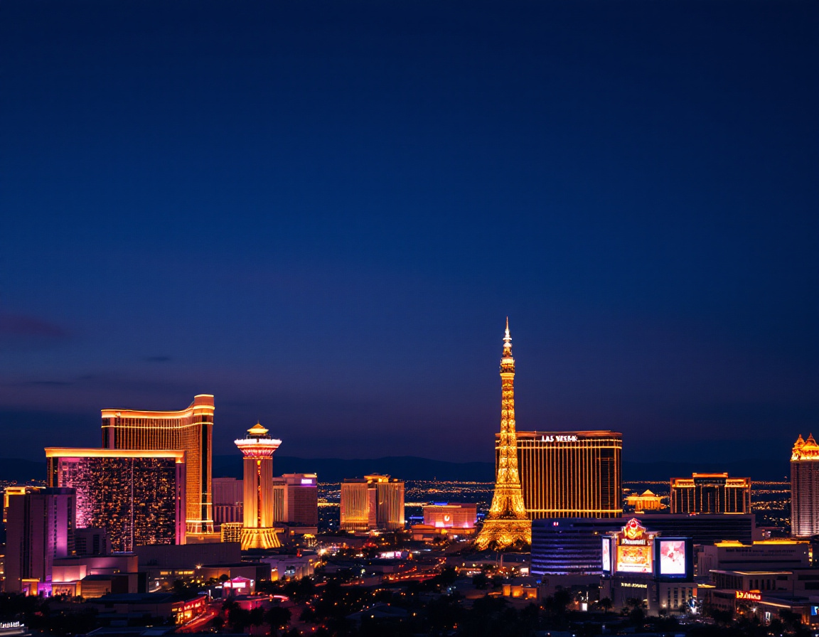 Las Vegas Strip skyline illuminated at dusk against a deepening navy blue sky