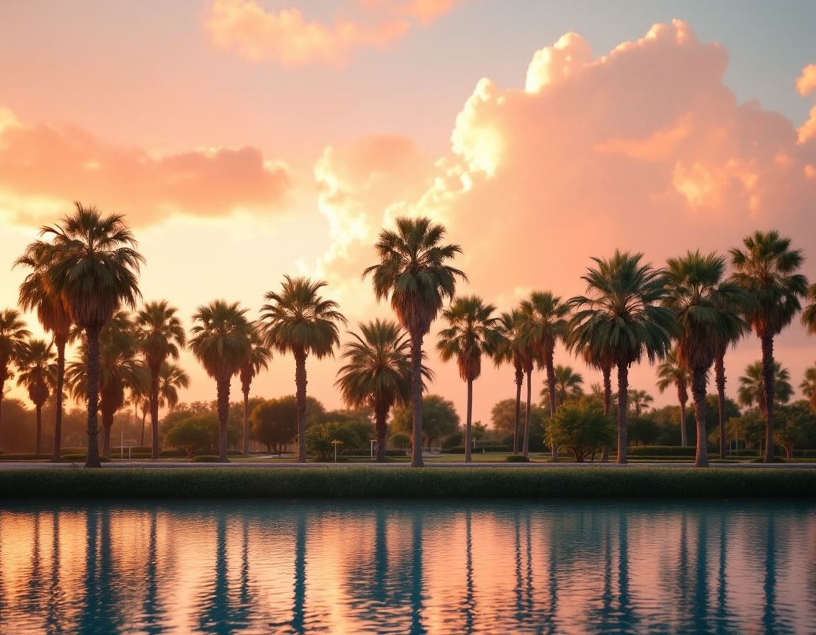 Row of tall palm trees at golden hour beside a calm resort lagoon near Orlando, Florida