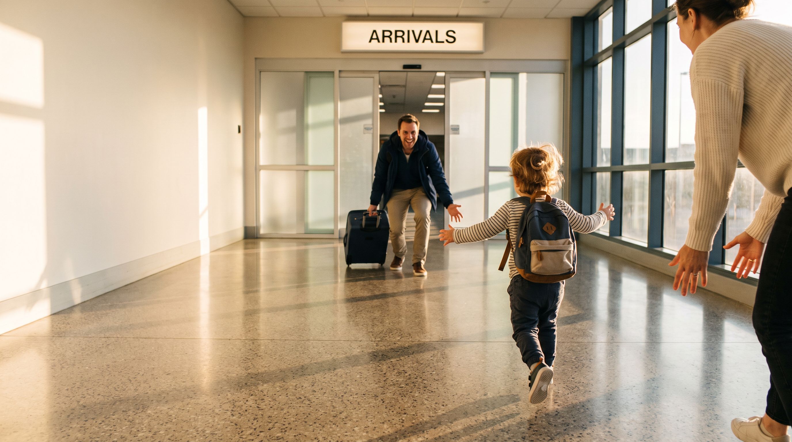 Seen from behind, a small child with a backpack runs across the sunlit terminal floor toward his father, who comes through the frosted glass doors under an illuminated ARRIVALS sign pulling a rolling suitcase with one arm open, while the mother at the right edge of the frame has just let the child go