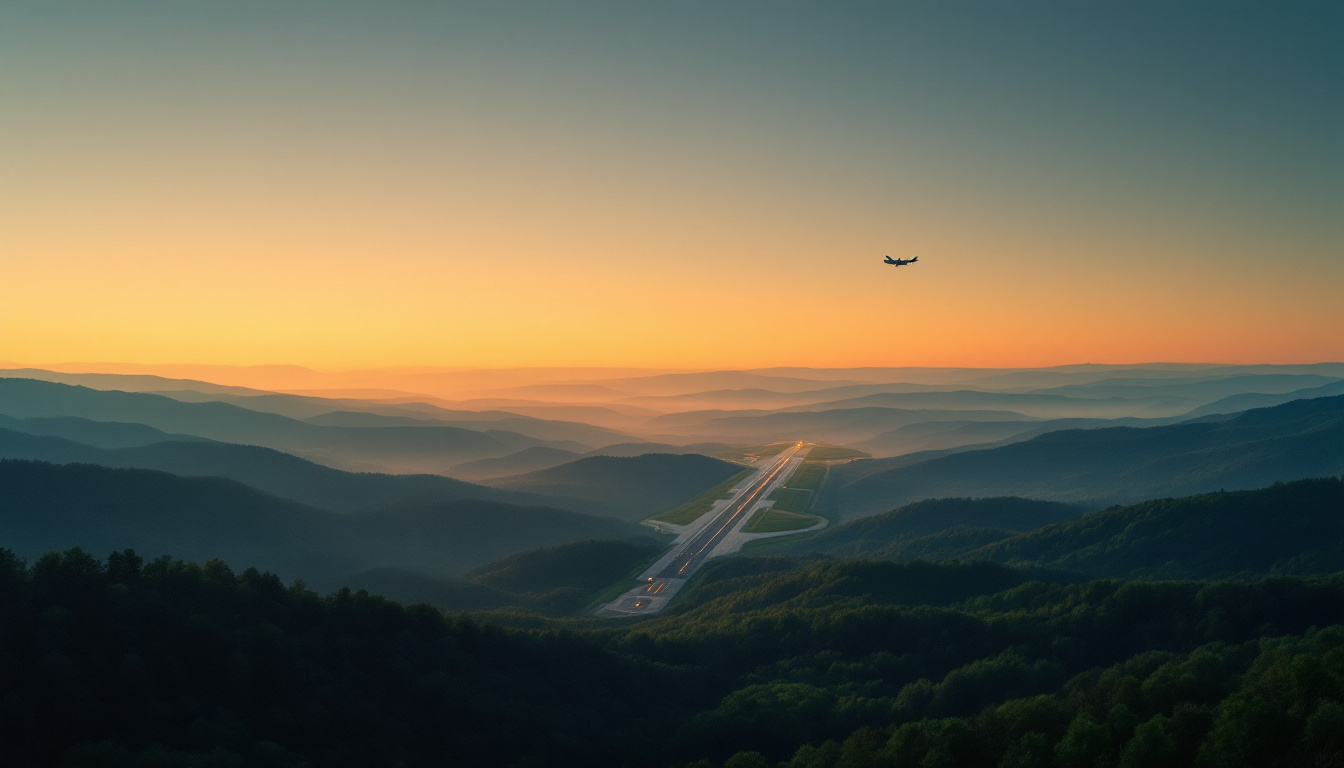 Forested Ozark hills near Springfield, Missouri at golden hour, a small aircraft climbing above a regional runway into a navy and amber sky
