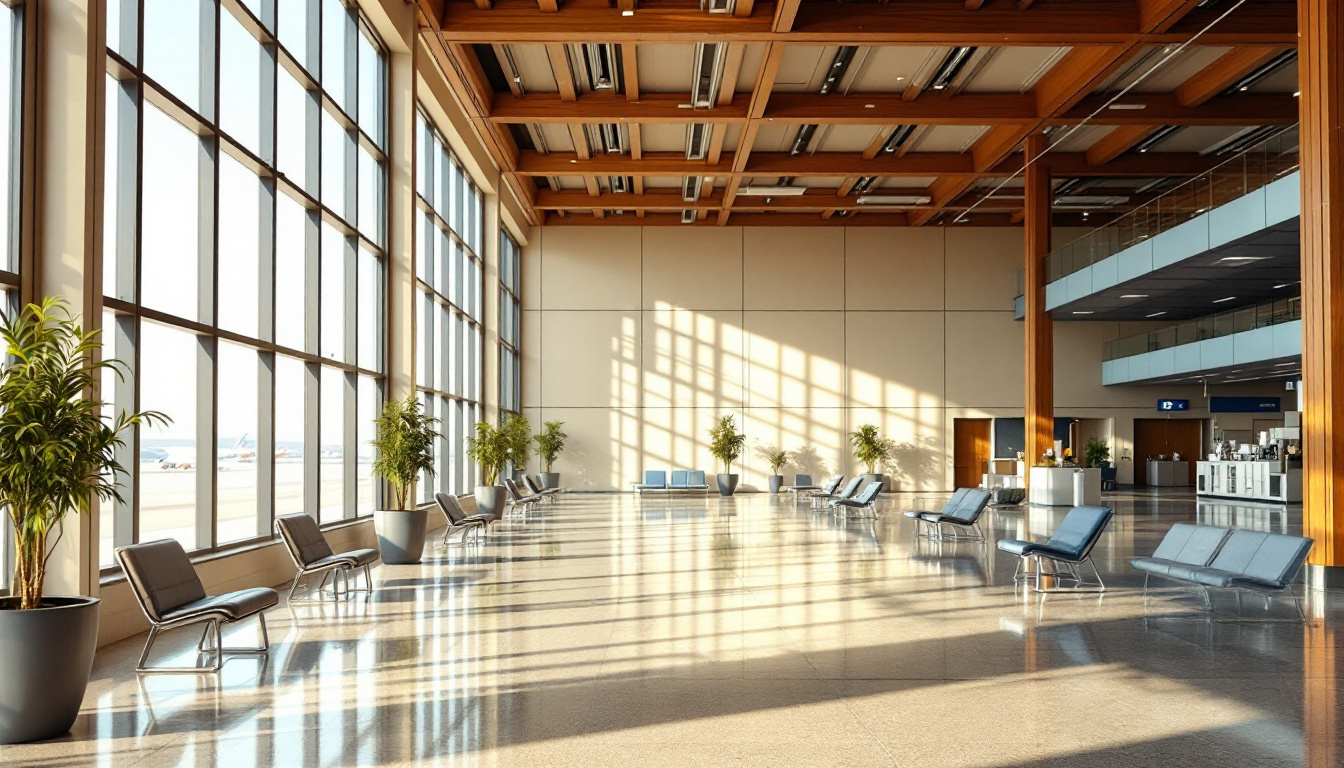 Sunlit SGF terminal seating area with wood ceiling beams and floor to ceiling windows overlooking the tarmac, empty in the early morning